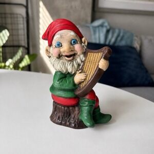 Vintage Gnome Playing Harp Figurine Resin Shelf Decor Elf Troll Statue